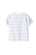 White boys t-shirt with blue striped pattern, lightweight fabric for comfort, suitable for ages 3-14 years.