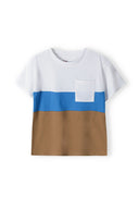 Boys t-shirt cut and sew contrast panels white 3-14y with blue and brown panels, soft fabric for summer comfort.