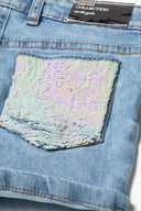 Girls denim shorts neon sequined pocket navy 3-14y featuring a vibrant sequined back pocket on light blue denim. 