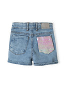 Girls denim shorts neon sequined pocket navy 3-14y. Light blue denim with acid wash and a shiny neon sequined back pocket. 