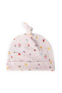 Light pink baby hat with colorful prints and knot design, made from soft stretch fabric for 0-12m girls. Perfect for spring.