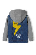 Boys denim jacket with fleece hood blue 1-8y featuring a denim body, grey fleece sleeves, and a bright yellow lightning bolt design.