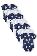 Babies short sleeved bodysuits with animal print navy 0-18m featuring star patterns in navy and white fabric. Suitable for easy dressing.