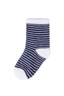 Boys socks 3 pack star pattern blue 0-3y. Soft blue striped knitted sock with white cuff, perfect for toddlers aged 0-3 years.