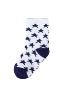 Boys socks 3 pack star pattern blue 0-3y. Knitted socks in white with navy star design, featuring reinforced heels and toes.