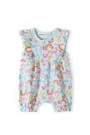 Pastel blue unicorn romper for girls with ruffles