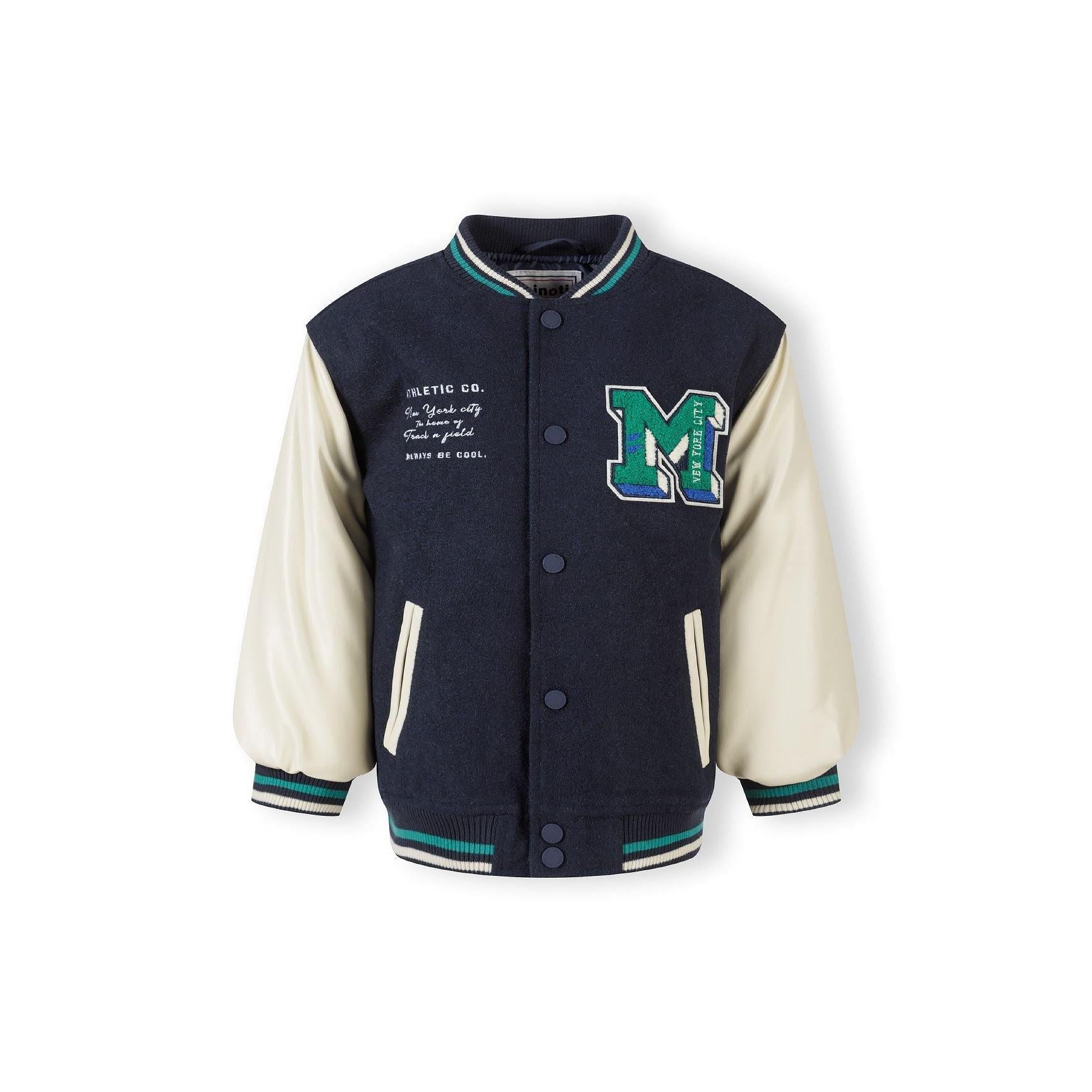 Navy baseball jacket laid flat showing cream sleeves, ribbed collar and cuffs, press stud fastening and front pockets