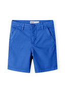 Bright blue boys chino shorts with classic fit, button closure, front pockets, and turn-up hems