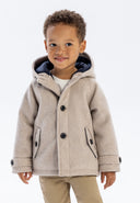 Boys coat in beige wool with button fastening, hood, black buttons, navy lining