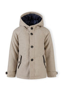 Boys coat in beige wool with button fastening and hood
