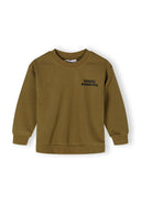 Boys crew neck sweatshirt in olive green with ribbed neckline and "totally awesome" graphic. Boys crew neck sweatshirt and joggers set elasticated brown 3-14y.