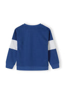 Boys crew neck sweatshirt and joggers set with print cobalt blue 3-14y. Back view showing white striped sleeves. Soft cotton fleece texture.