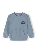 Boys crew neck sweatshirt with kangaroo pocket blue 1-8y, soft cotton fabric, featuring decorative print and convenient front pocket.
