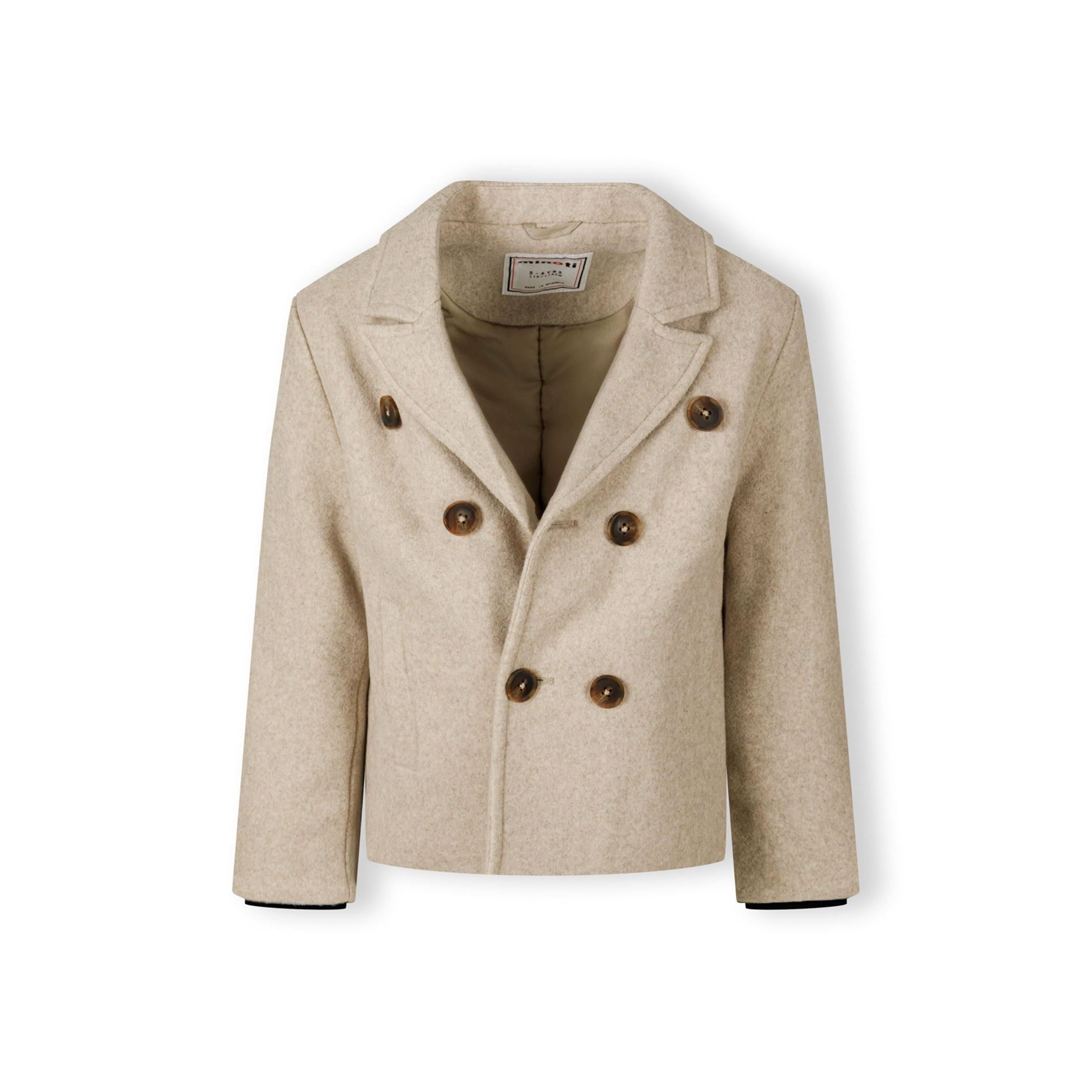 Three-quarter front view of beige double-breasted coat showing collar detail and button placement on white background