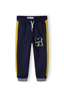 Boys fleece jogpant in navy blue with yellow side stripes and M logo