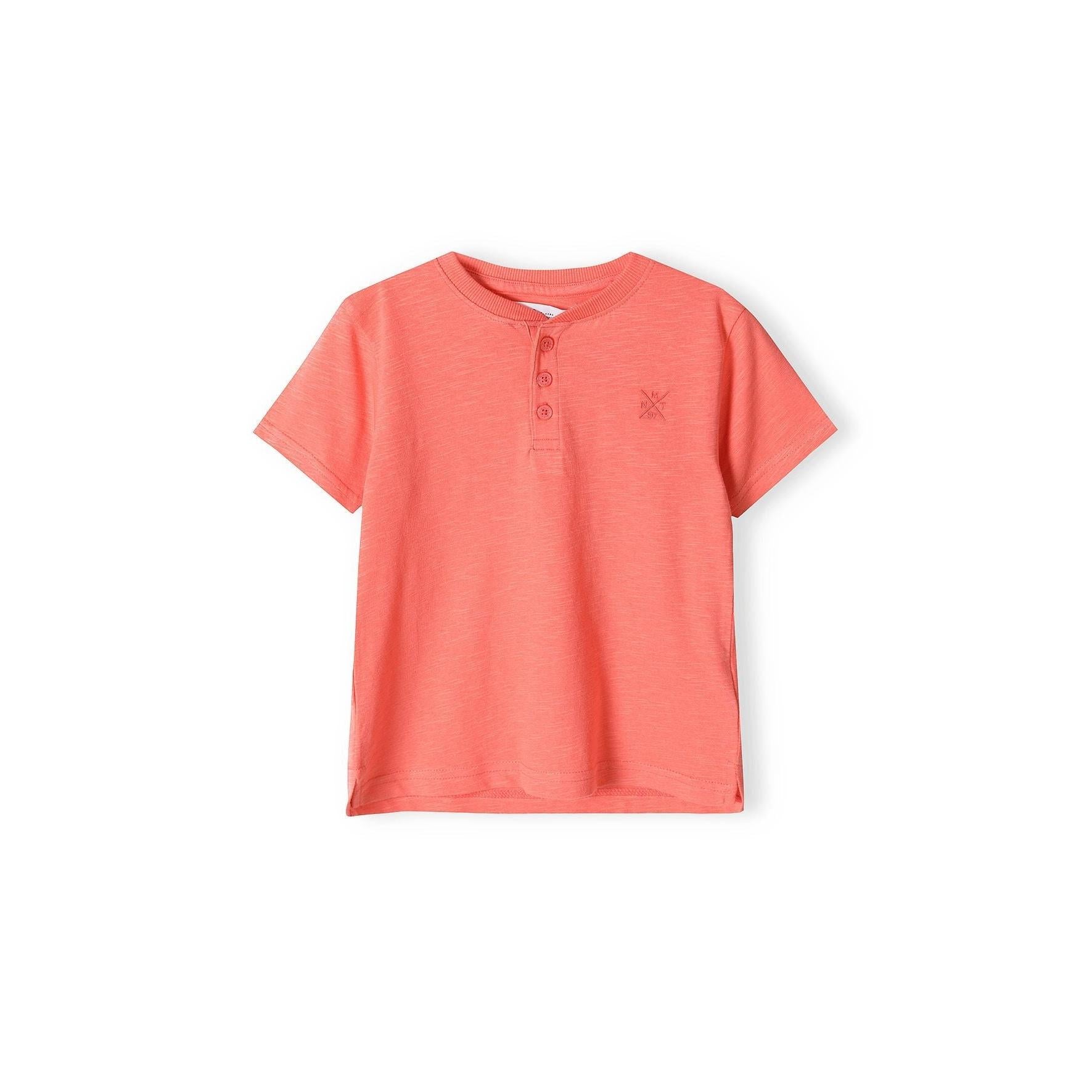 Back view of coral henley t-shirt laid flat showing clean lines and short sleeves
