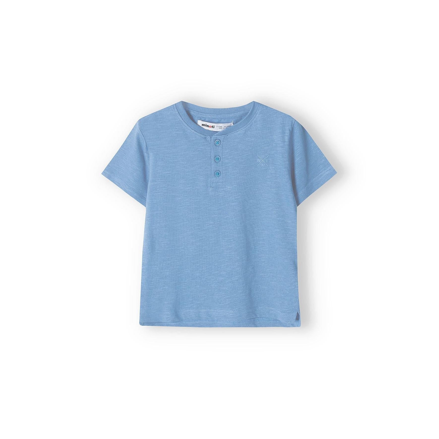 Front view of blue henley t-shirt with three-button neck detail on white background