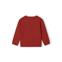 Boys red knitted crew neck jumper with ribbed cuffs and hem, back view.