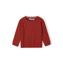Boys' red knitted crew neck jumper with v-insert, ribbed cuffs and hem, and small chest motif.