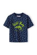 Boys navy t-shirt with alligator graphic and heather gray print fleece shorts set