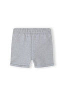 Gray heathered print fleece shorts with elastic waistband and rolled cuffs