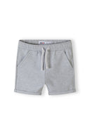 Gray heathered fleece shorts with white drawstring and rolled cuffs in boys navy t-shirt set