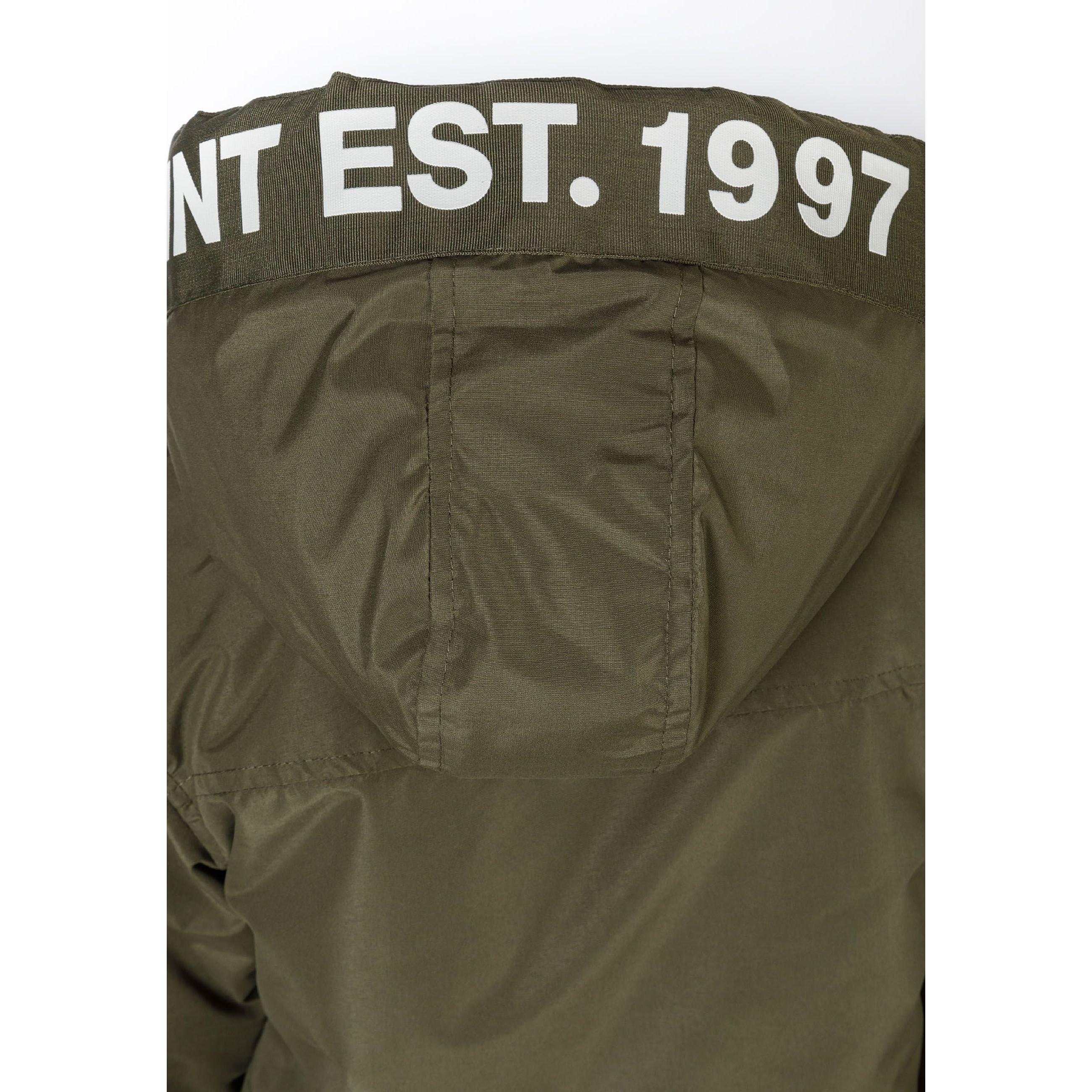 Close-up detail of khaki jacket back showing EST. 1997 white text print across hood area