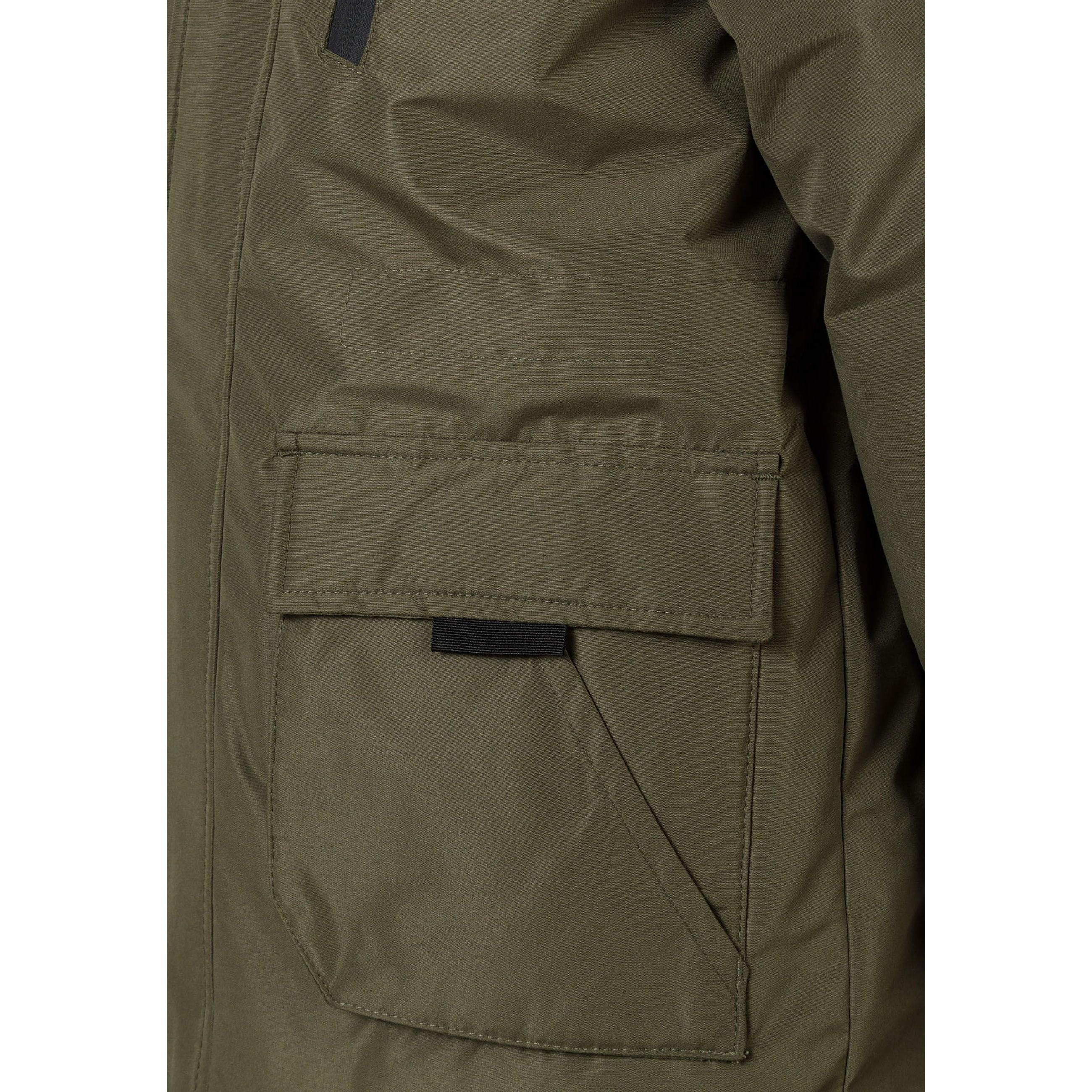 Close-up detail of khaki jacket back showing EST. 1997 white text print across hood area