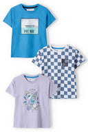Pack of boys short sleeve t-shirts in blue, checkered, lavender with skate graphics