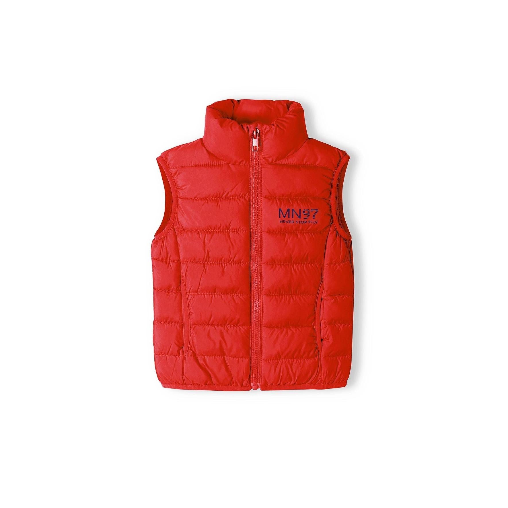Flat lay of red padded gilet showing quilted construction, stand collar and sleeveless design on white background