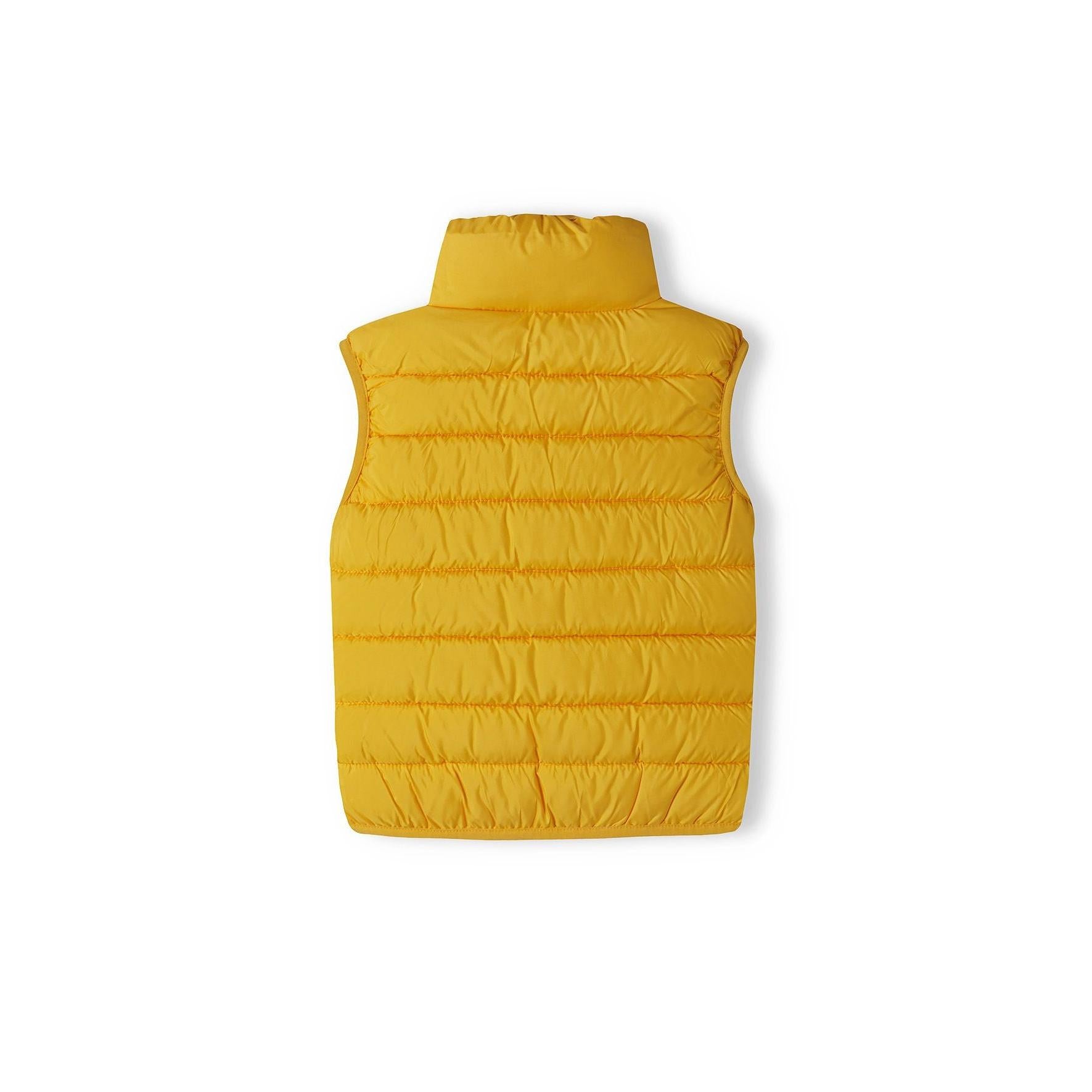Back view of bright yellow padded gilet showing quilted pattern and stand collar design on white background