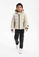 Boys padded jacket in beige quilted design with hood
