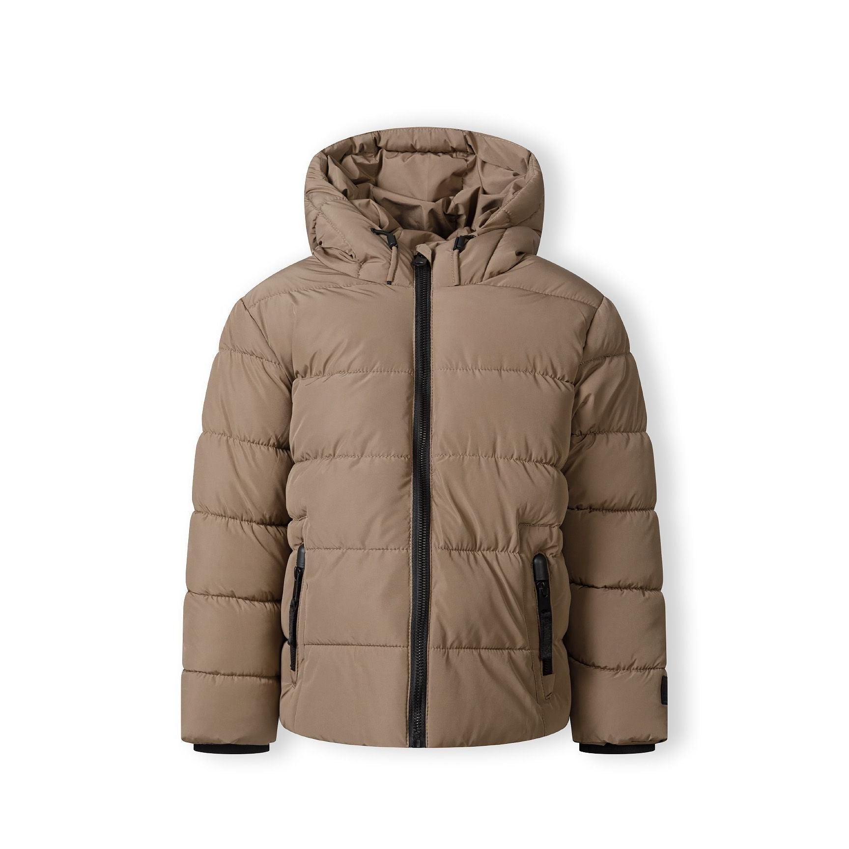 Beige padded jacket laid flat showing full front view with hood, zip closure and Minoti label