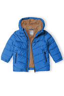 Boys padded jacket in bright blue with tan-lined hooded design