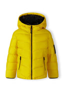 Boys padded jacket in bright yellow with hood, black accents and reflective print