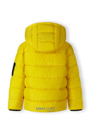 Boys padded jacket in bright yellow with hood, black accents and reflective print