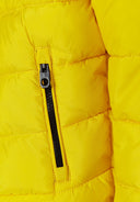 Boys padded jacket in bright yellow with hood, black accents and reflective print