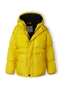 Bright yellow boys padded jacket with black-trimmed hood and Minotti label