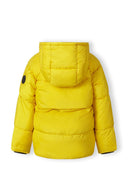 Bright yellow boys padded jacket with quilted design, hood, black trim, and sleeve patch