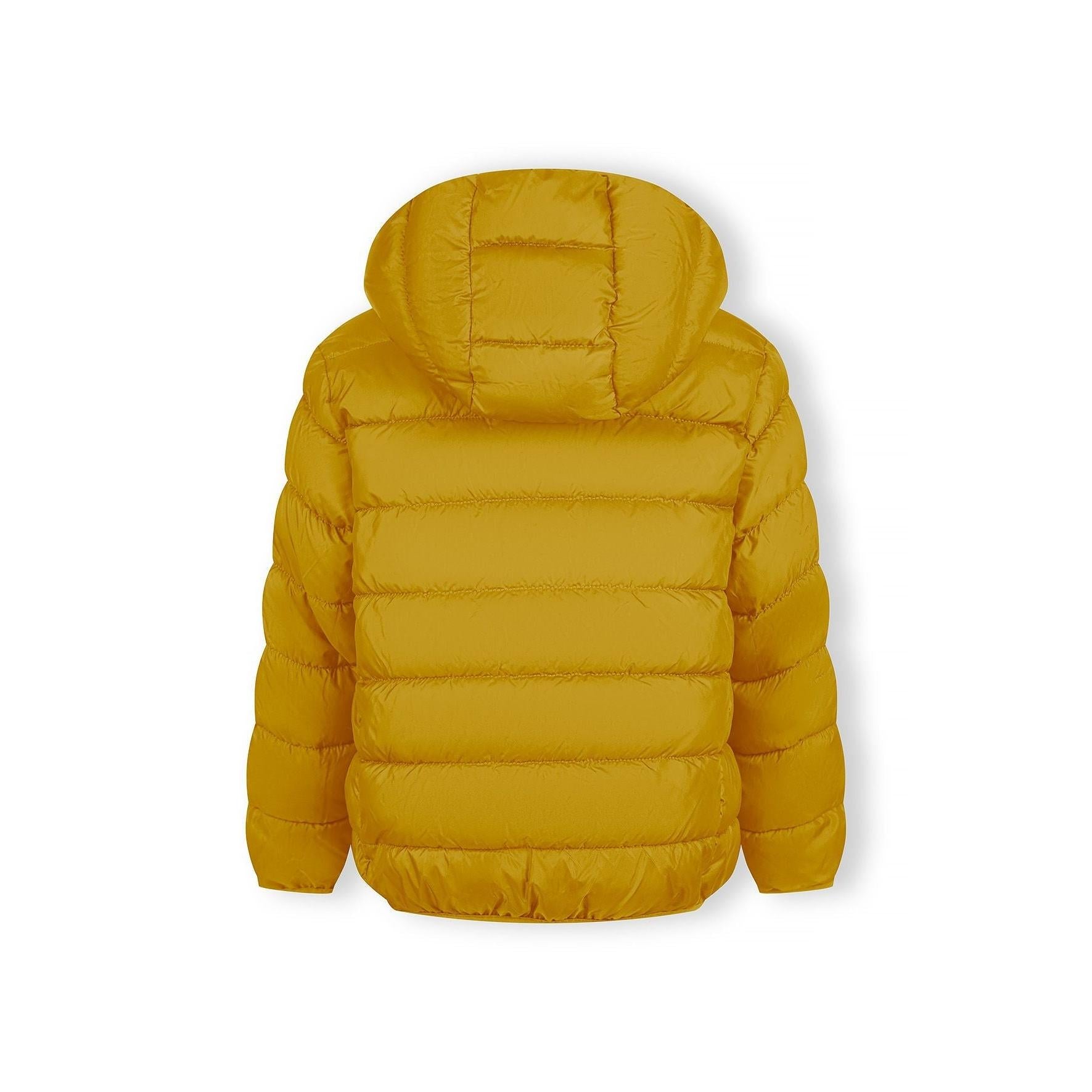 Close-up detail of yellow padded jacket showing horizontal quilted sections and fabric texture with stitching detail