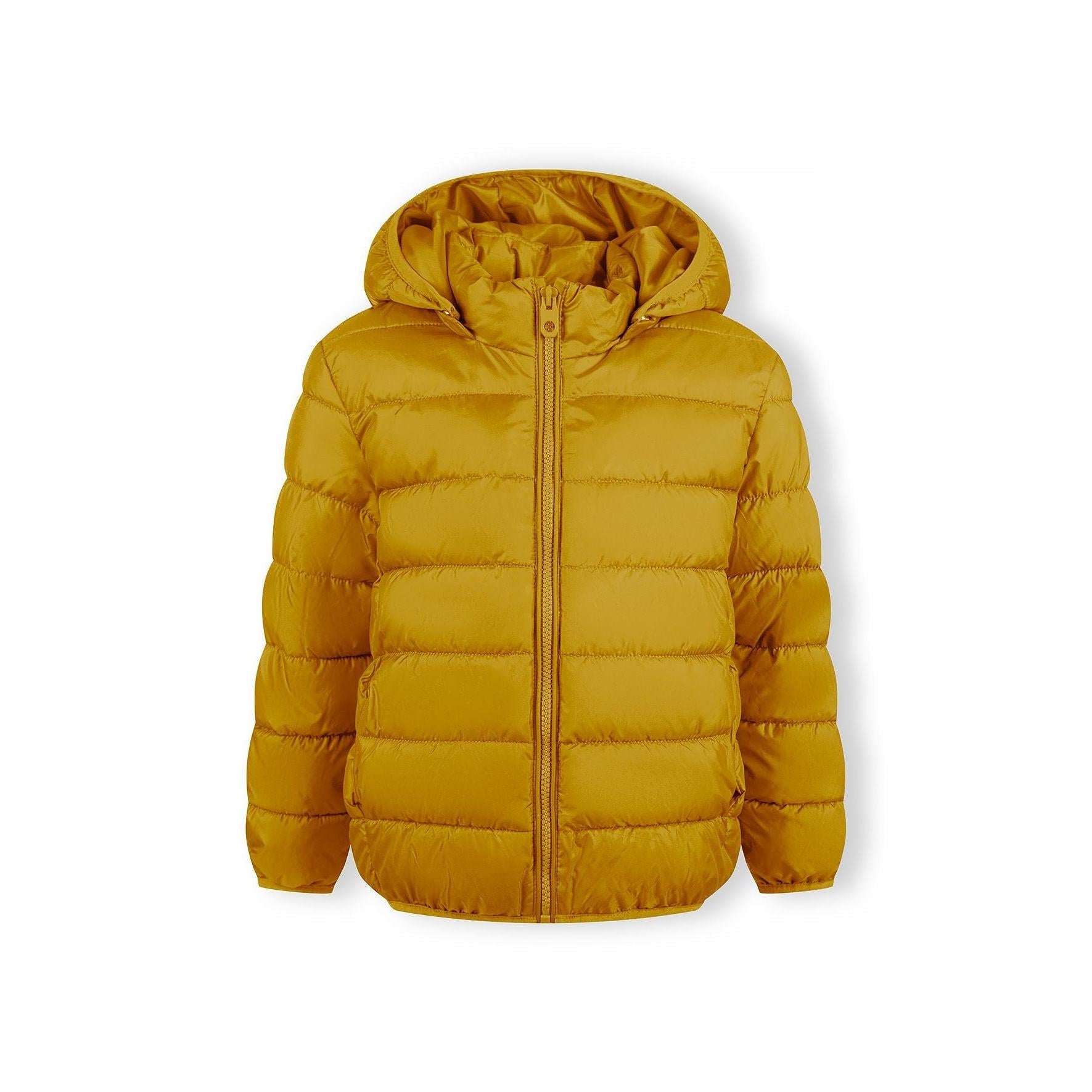Bright yellow quilted padded jacket with detachable hood on white background, front view showing full-zip closure and horizontal quilting pattern