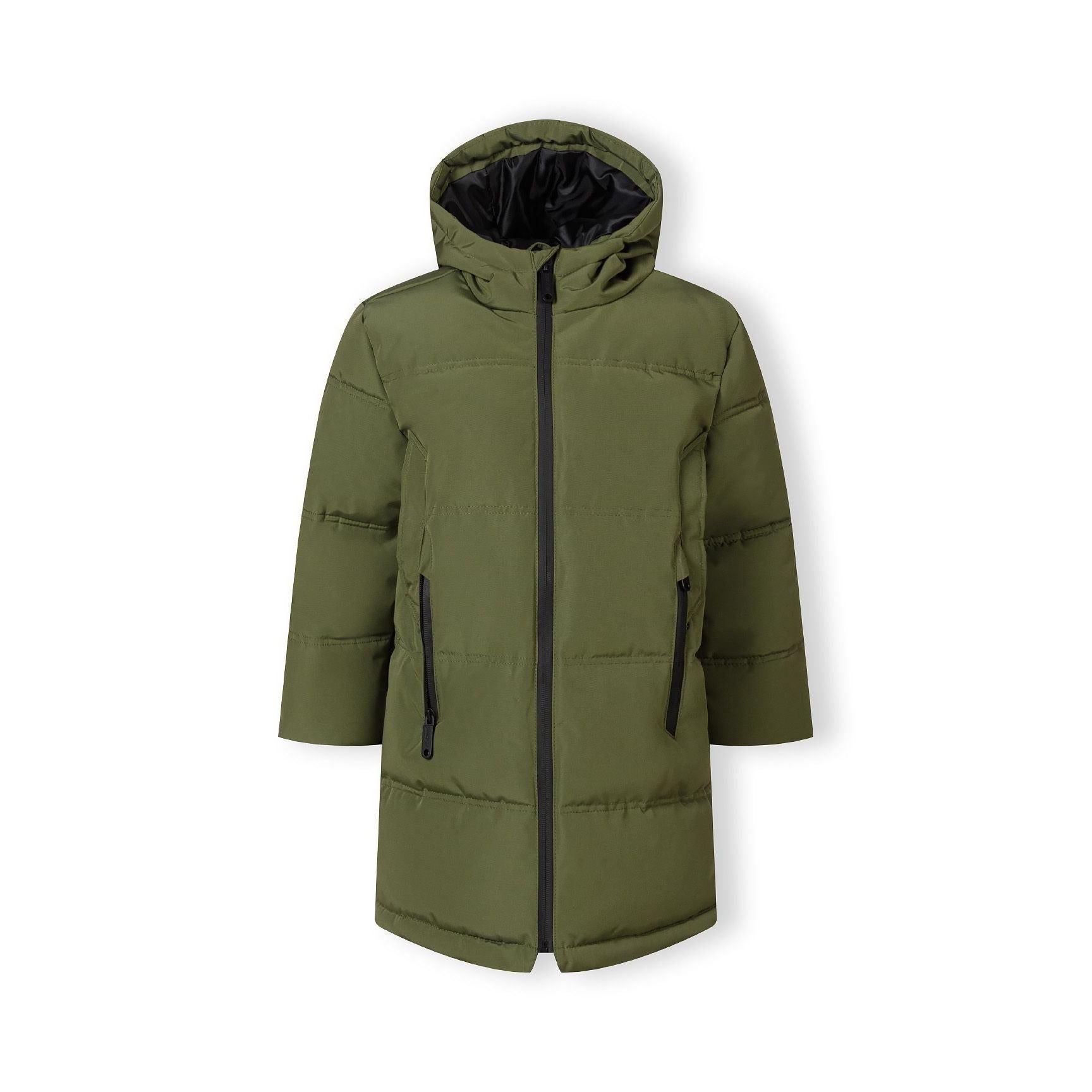 Khaki padded parka jacket laid flat showing full front zip, hood with black lining, and Minoti label inside collar