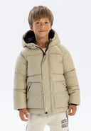 Beige boys padded jacket with quilted hood and raglan sleeves
