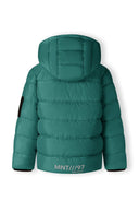 Boys padded jacket in teal with quilted design and black sleeve patch
