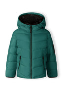Teal boys padded jacket with hood, black zipper and quilted trim