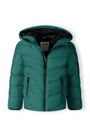 Teal boys padded jacket with black-lined hood and zipper details