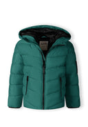 Boys padded jacket in teal with quilted design, black-lined hood, and zipper accents