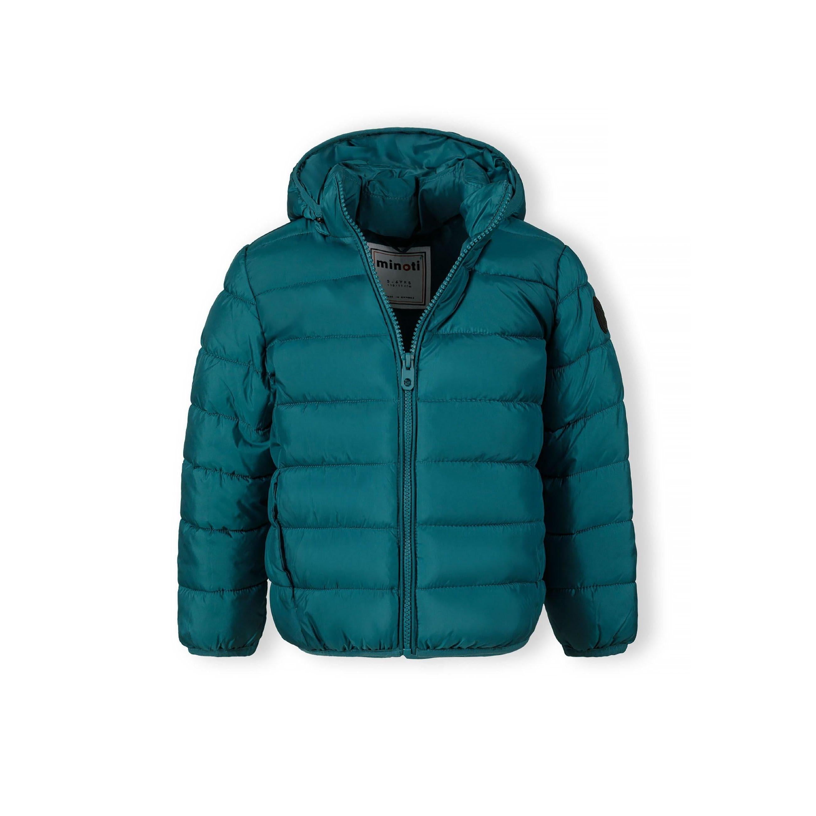 Front view of turquoise quilted padded jacket with detachable hood and full zip closure on white background