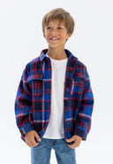 Boys padded shirt jacket in blue red black plaid flannel with buttons