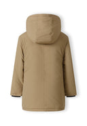Boys parka jacket in beige puffer style with quilted hood and black cuffs